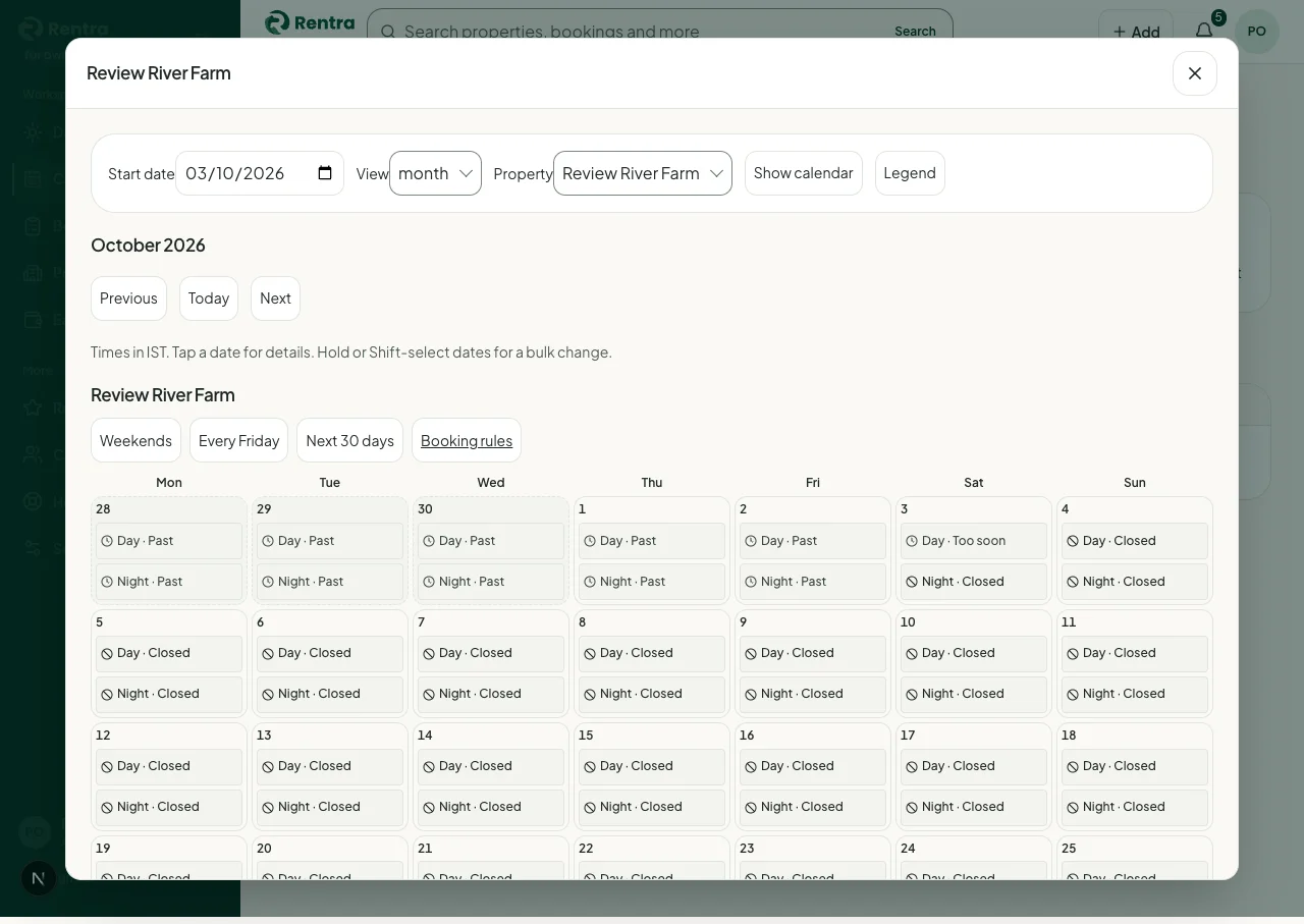 Rentra availability calendar dialog